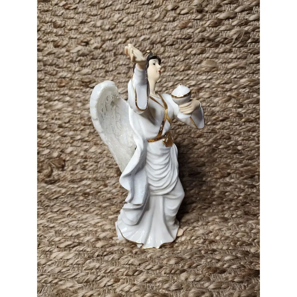 O'Well Angel Porcelain Figurine Iridescent Wings With Chalice Gold Trim 10”